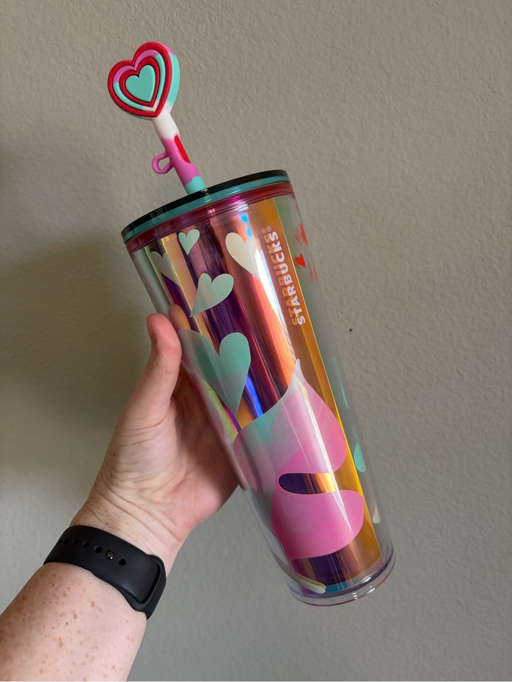 Starbucks 24oz Valentine Cold Cup Tumbler Heart Topper Floral Butterfly 2024 GUC